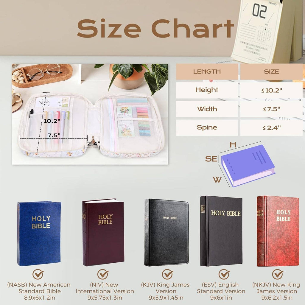 Open floral Bible cover case with inner organizer pages and colored stationery pens