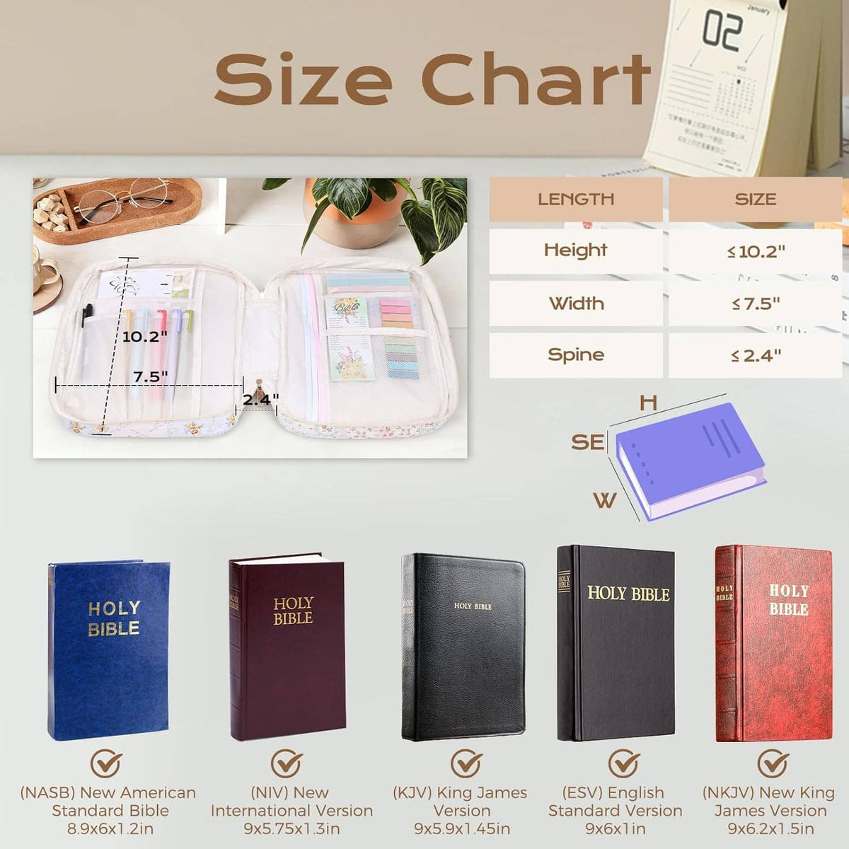 Open floral Bible cover case with inner organizer pages and colored stationery pens