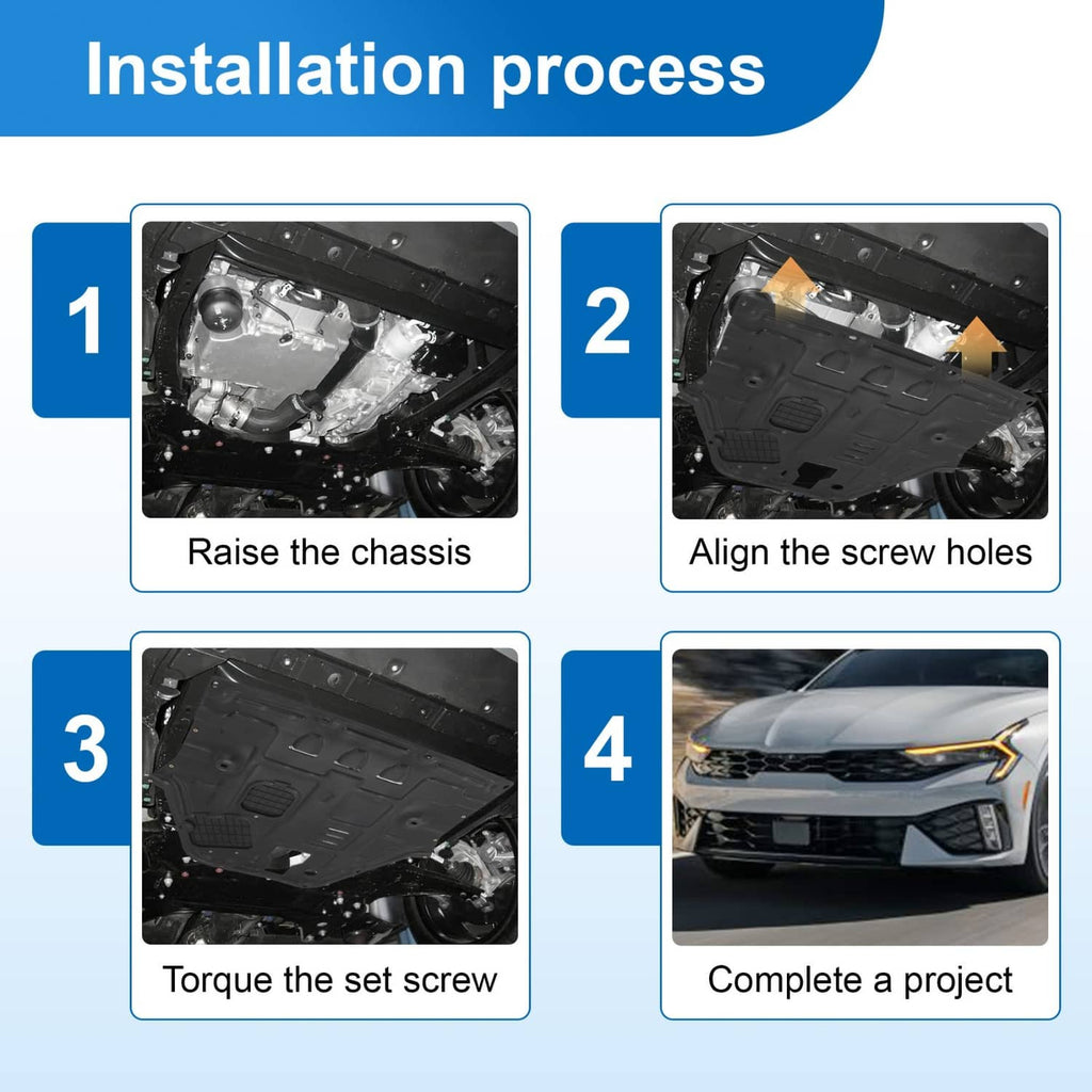 Engine splash shield installation steps with panel alignment and screw mounting