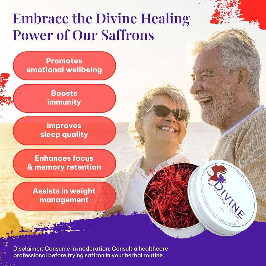 Saffron health benefits infographic with jar lid and red saffron threads