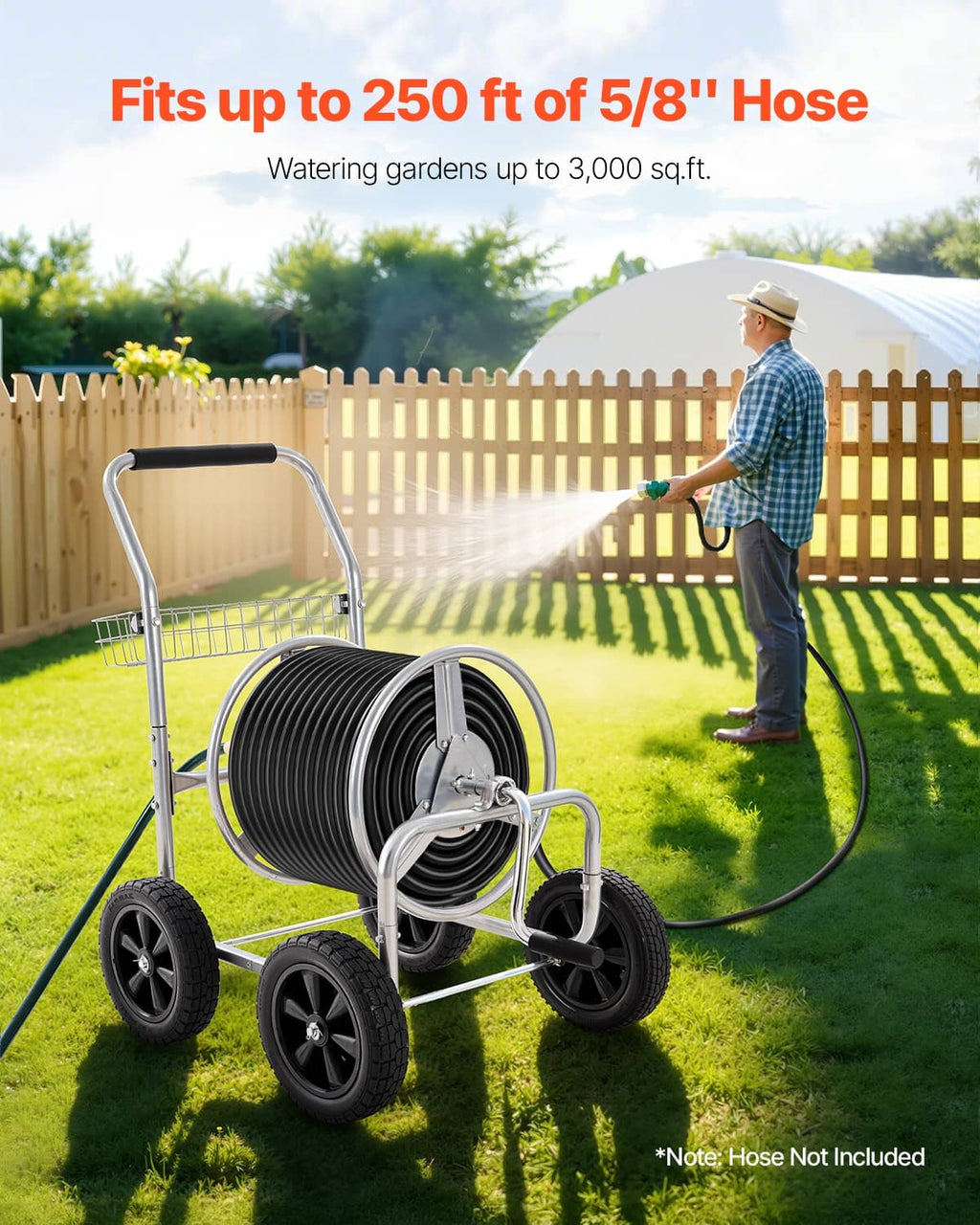 Garden hose reel cart with coiled hose, metal frame, and raised basket on four wheels