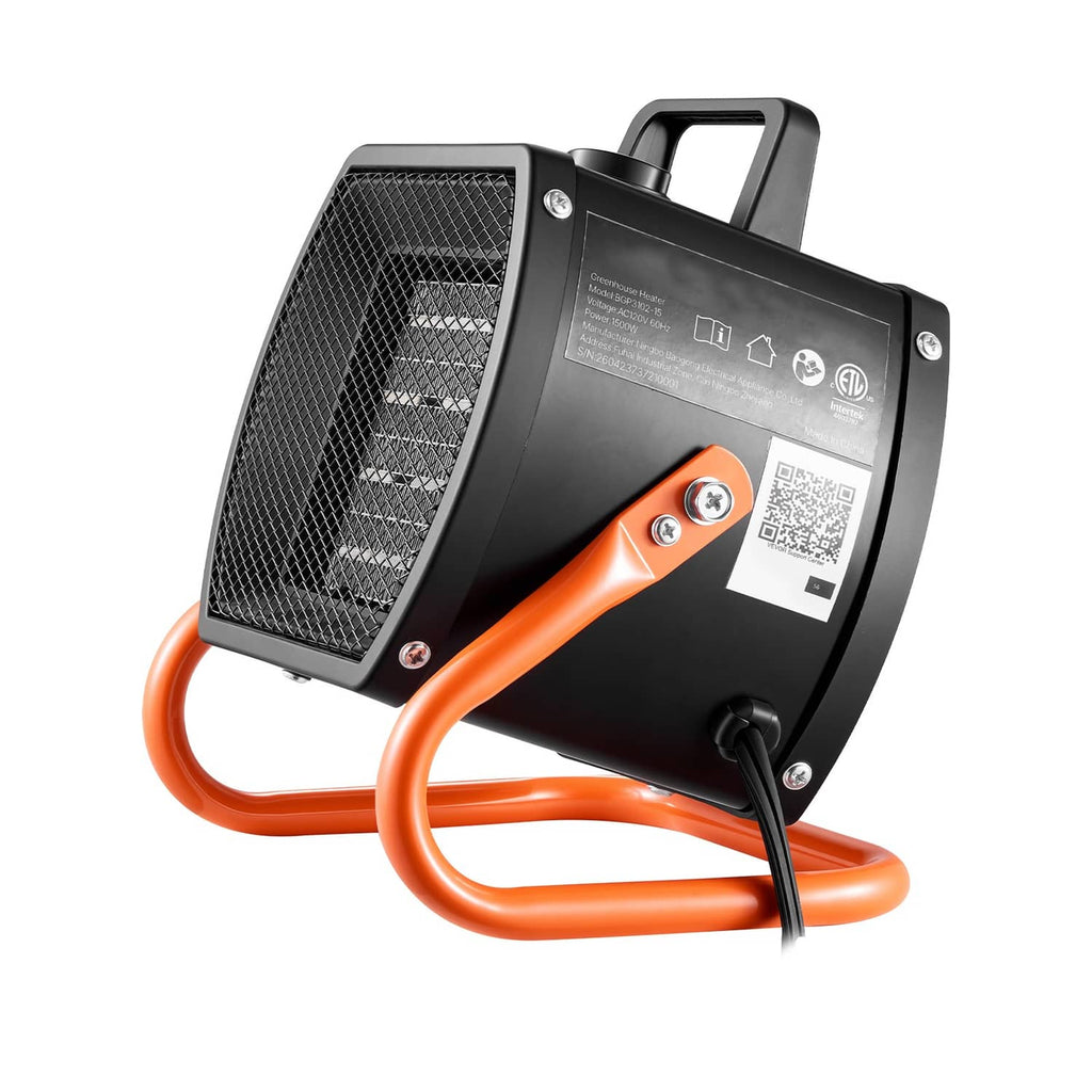 Electric greenhouse heater with front mesh grille, black-and-orange body, adjustable stand