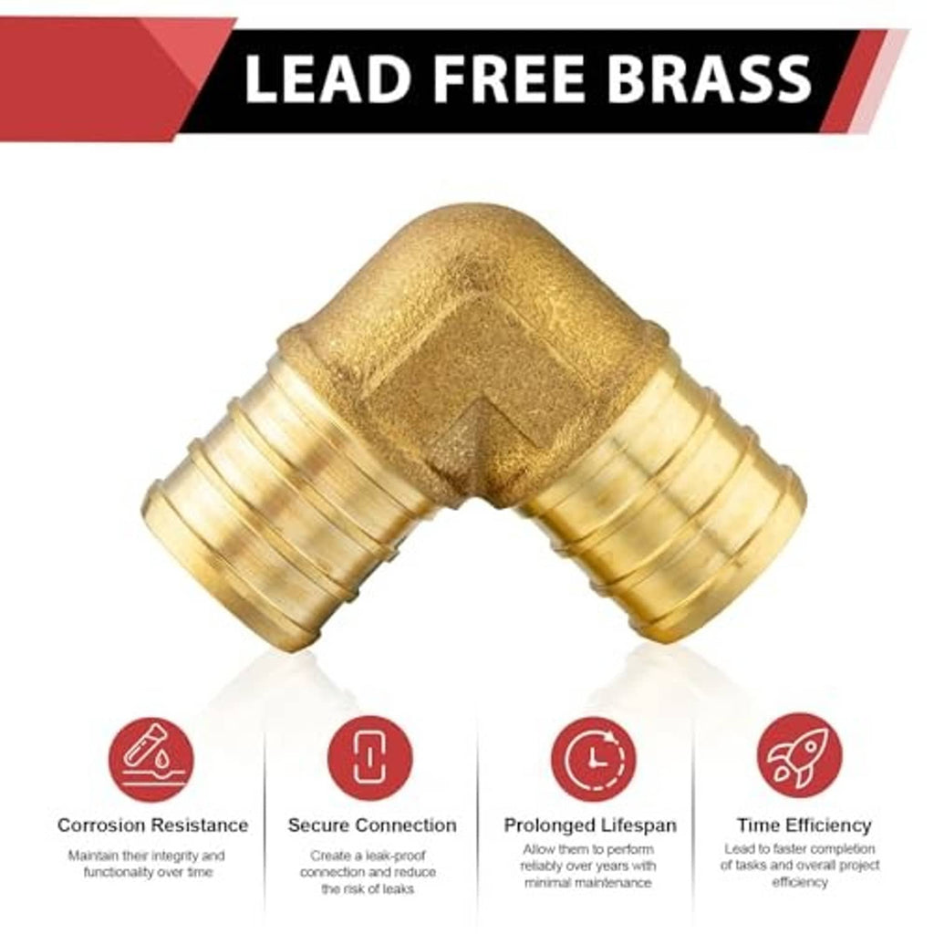 Lead-free brass 90-degree elbow barb crimp fitting, close-up of curved joint