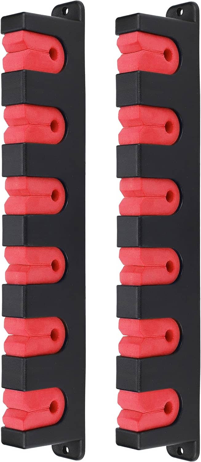 Wall-mounted fishing rod rack holder set, black rails with red foam rod supports