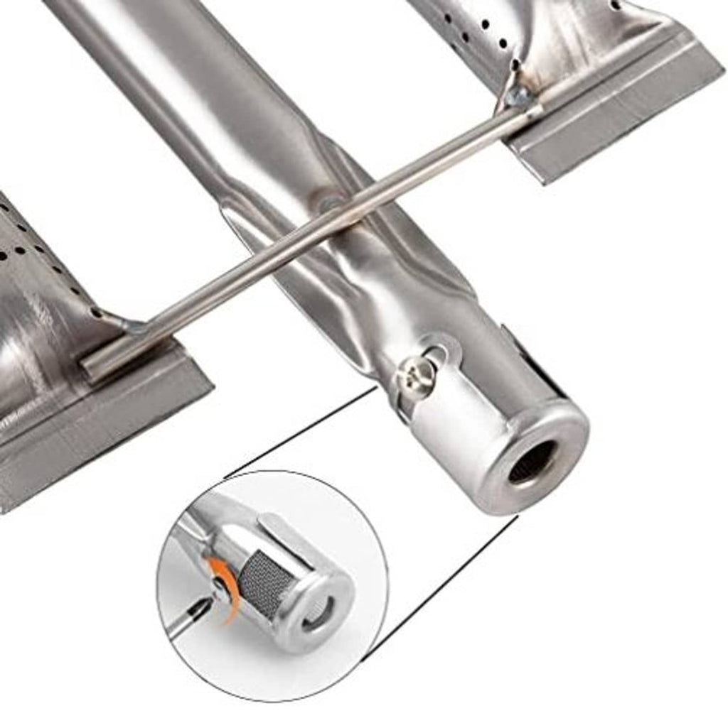 Stainless steel burner tube end with valve port and mounting flange, chrome finish