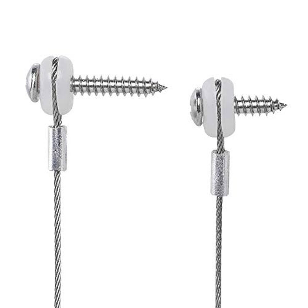Stainless strap cable ends with washers and mounting screws, close-up