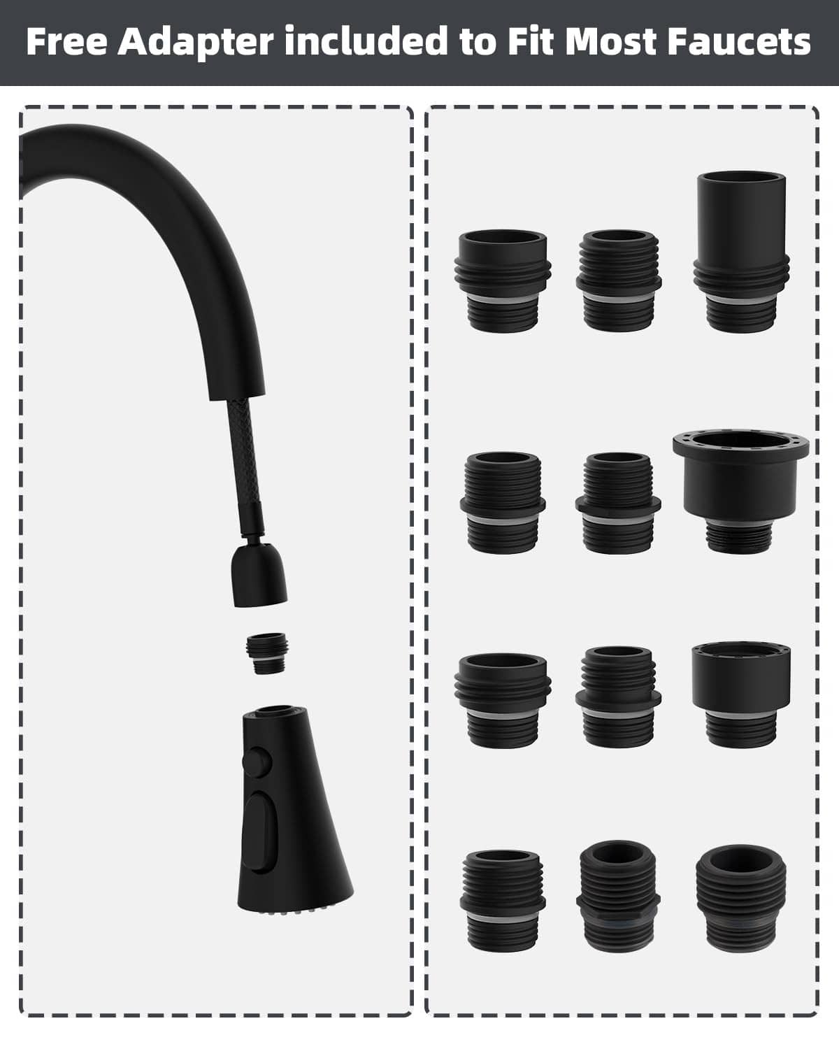 Matte black faucet head replacement with included adapter pieces for most faucets