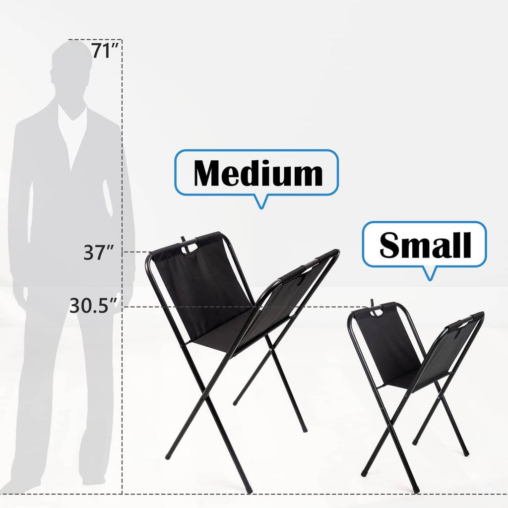 Folding canvas print rack with medium and small size scale on dark frame