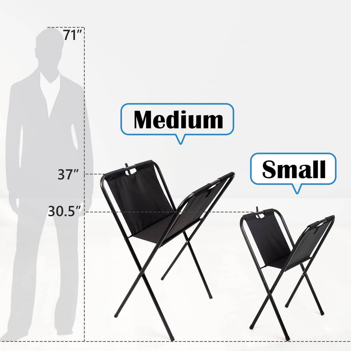 Folding canvas print rack with medium and small size scale on dark frame