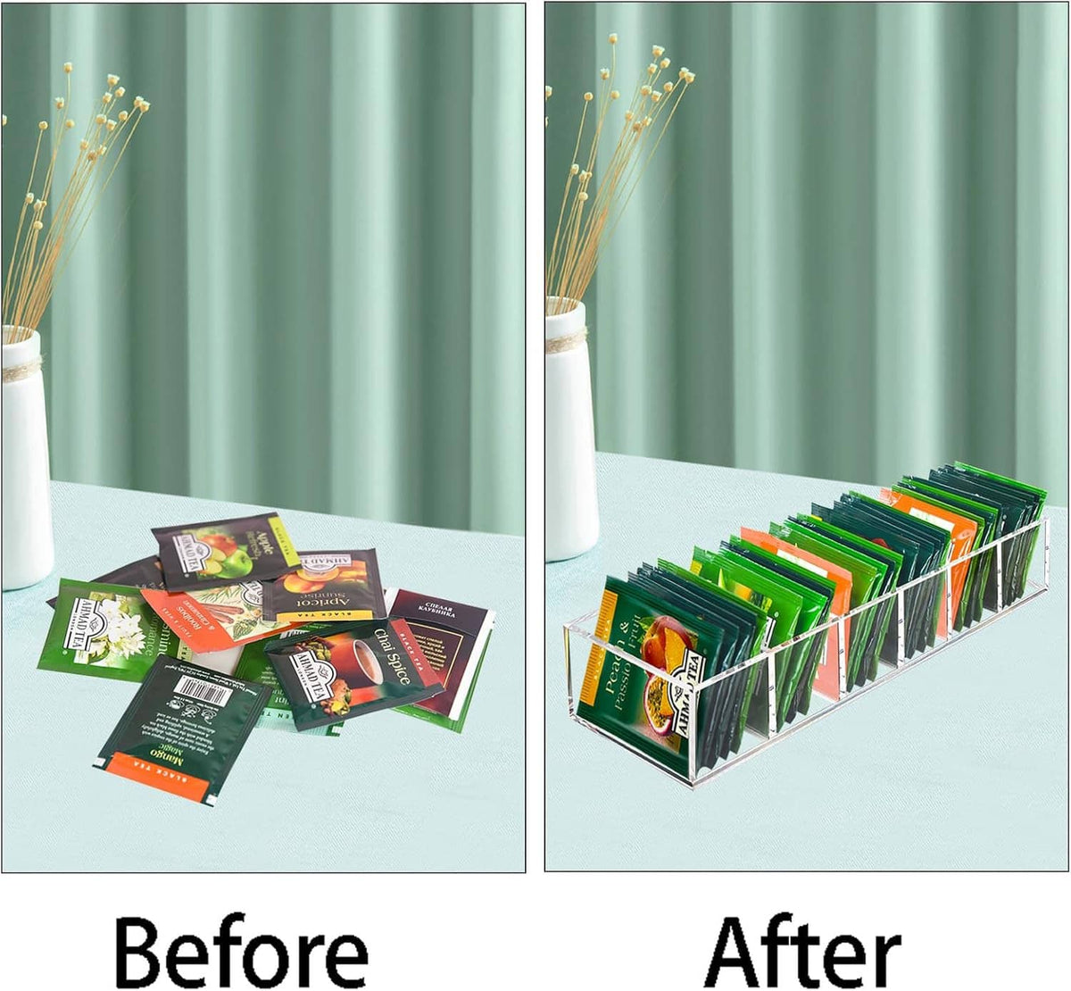 Clear acrylic tea bag organizer shown packed with tea packets, before and after view