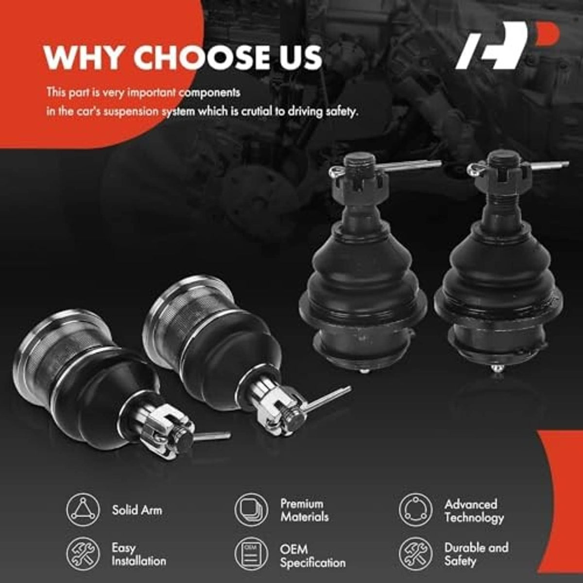 Four ball joints and boots with metal studs on a dark background