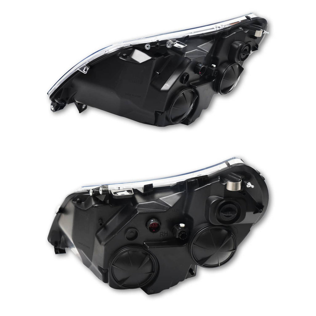 Black headlight assembly with chrome reflector and dual projector lenses