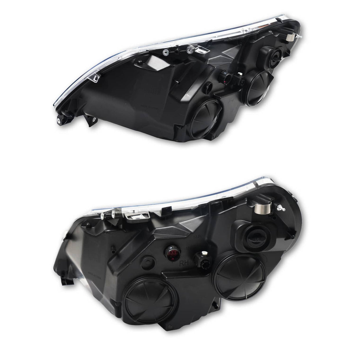 Black headlight assembly with chrome reflector and dual projector lenses