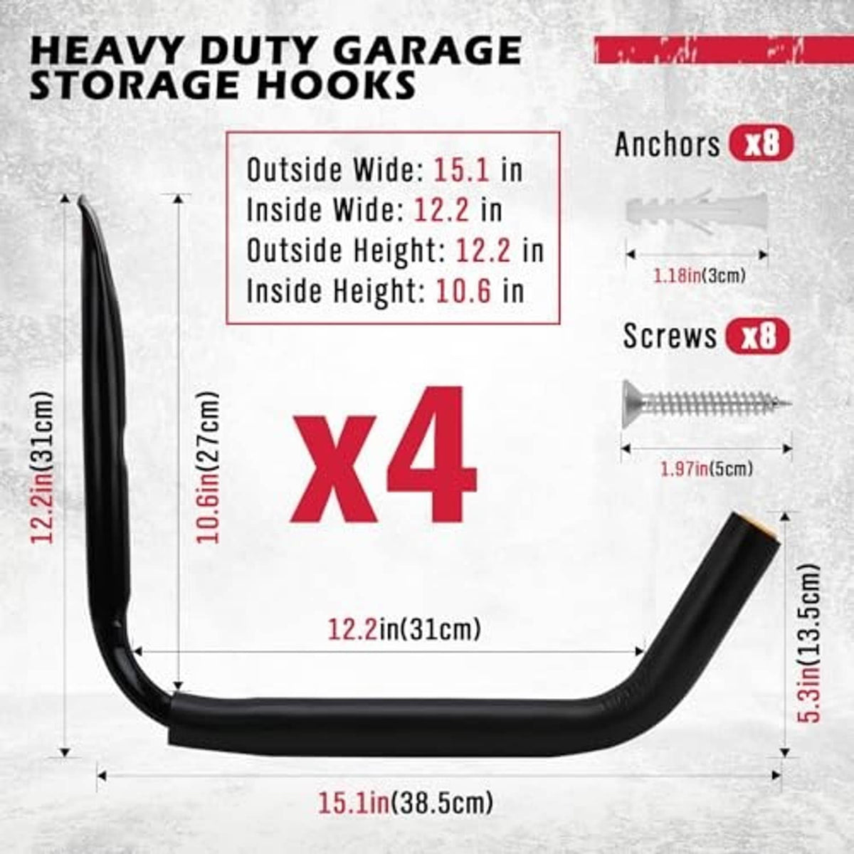 Black four-pack garage storage hooks with size diagram and included screws and anchors