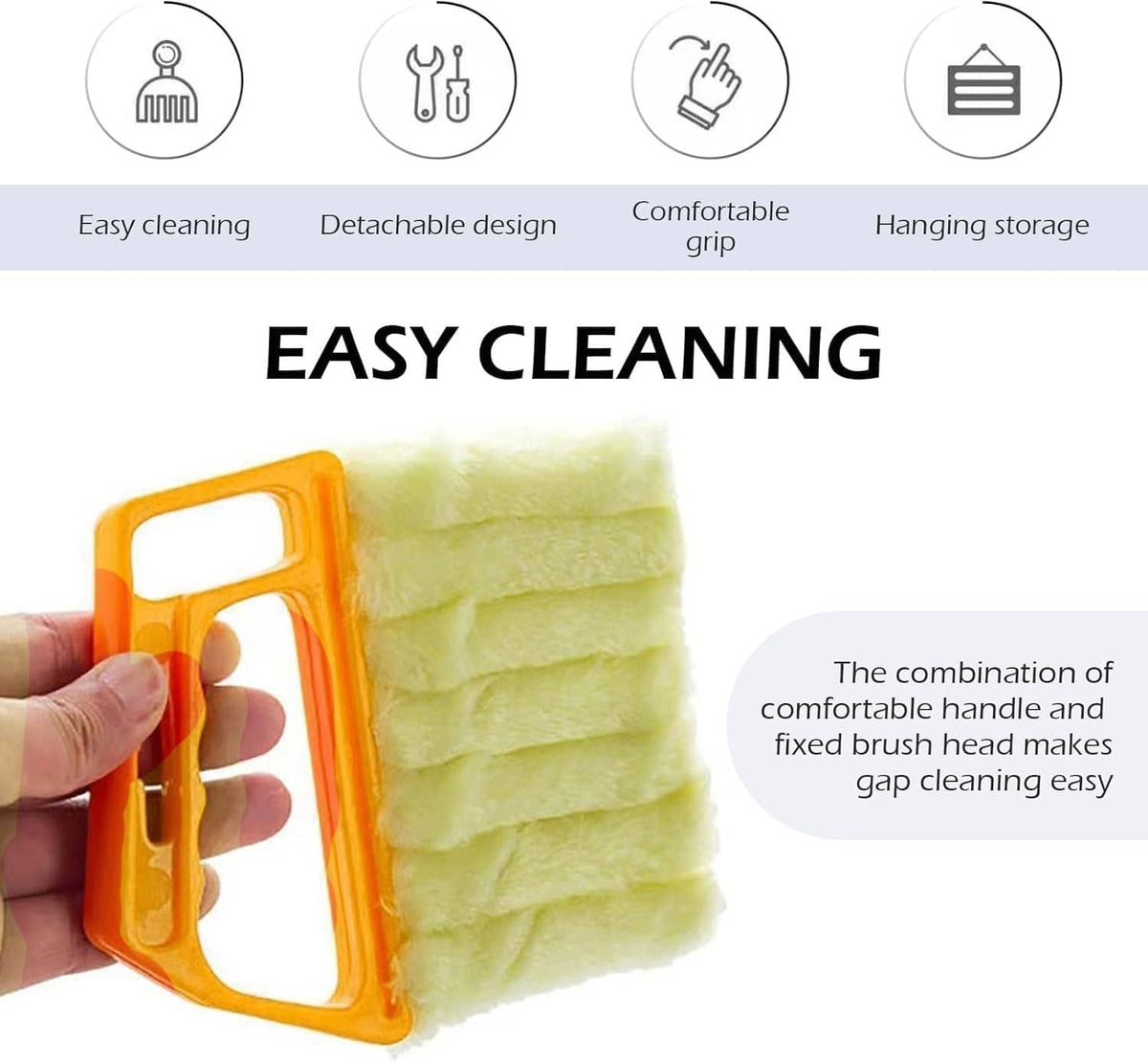 Orange-framed microfiber duster brush with lime green cloth head, hand holding handle