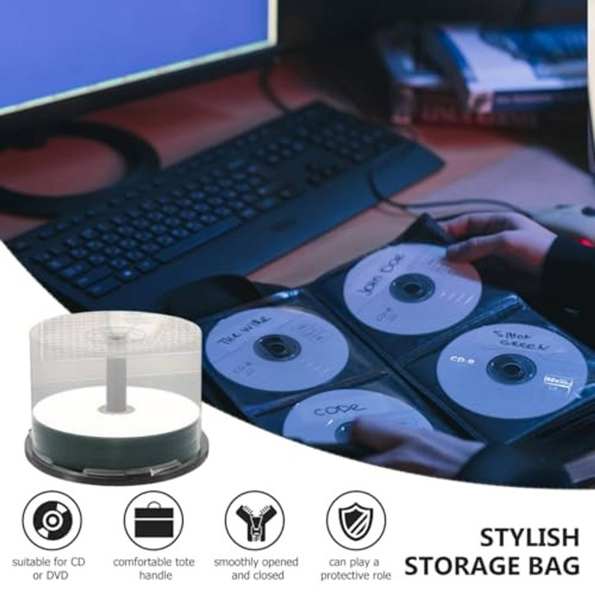 Clear CD storage dome with black base beside stacked CDs