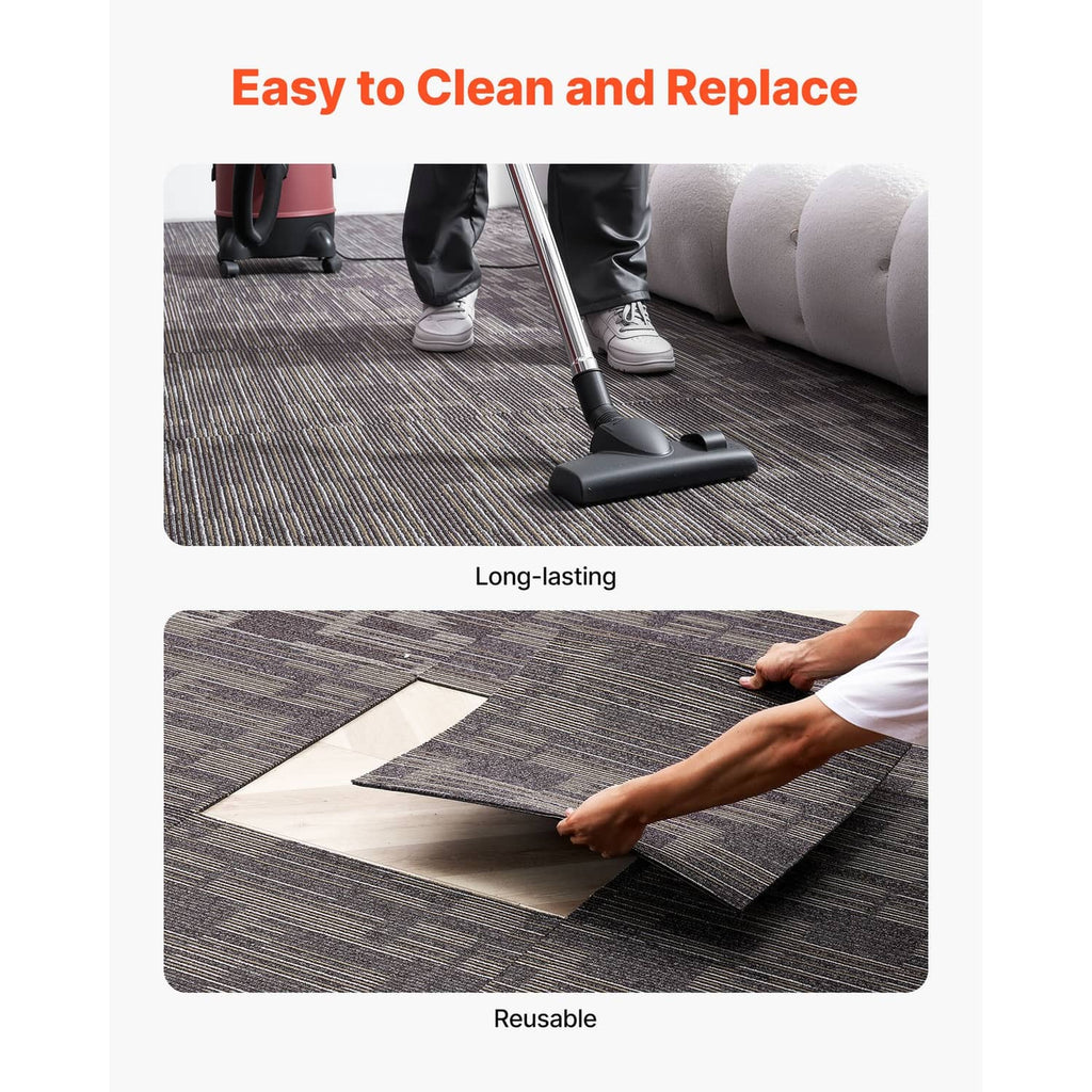 Modular carpet tile laid on floor, gray and brown stripes; removable tile corner
