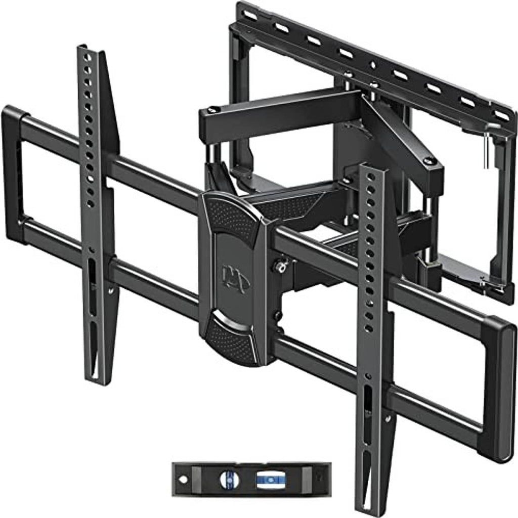 Full-motion TV wall mount bracket with articulating arms, black metal rails and posts.