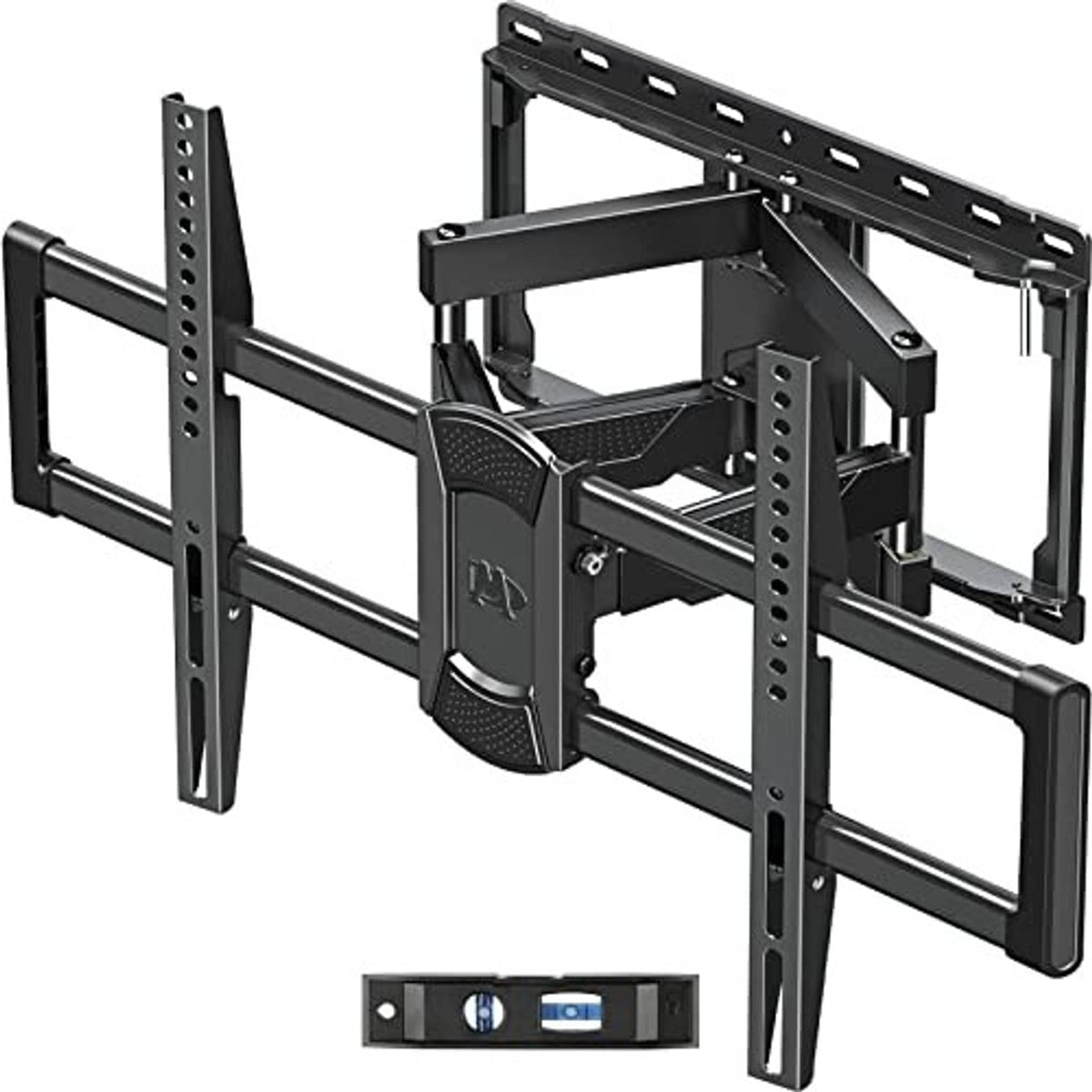 Full-motion TV wall mount bracket with articulating arms, black metal rails and posts.