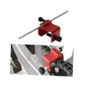 Red aluminum chain alignment tool with two metal rods and black adjustment knobs