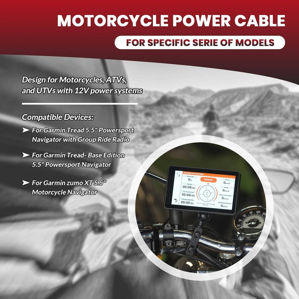 Motorcycle power cable kit with black/red cable and mounting power connector for navigator