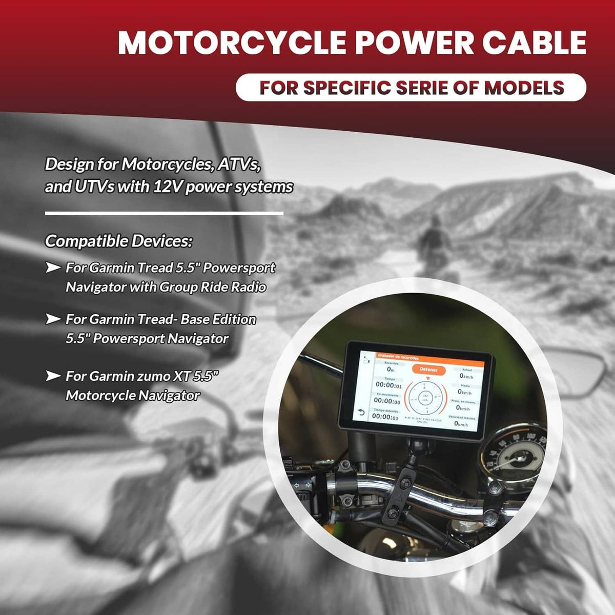 Motorcycle power cable kit with black/red cable and mounting power connector for navigator