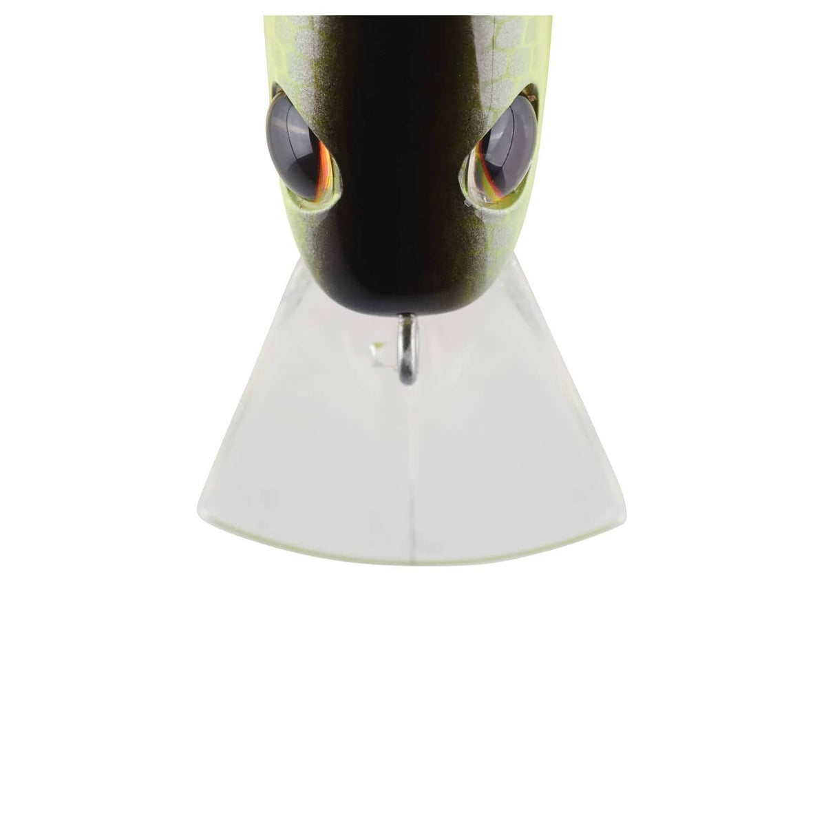 Crankbait lure head with large eyes, black back, and red-orange eye accents