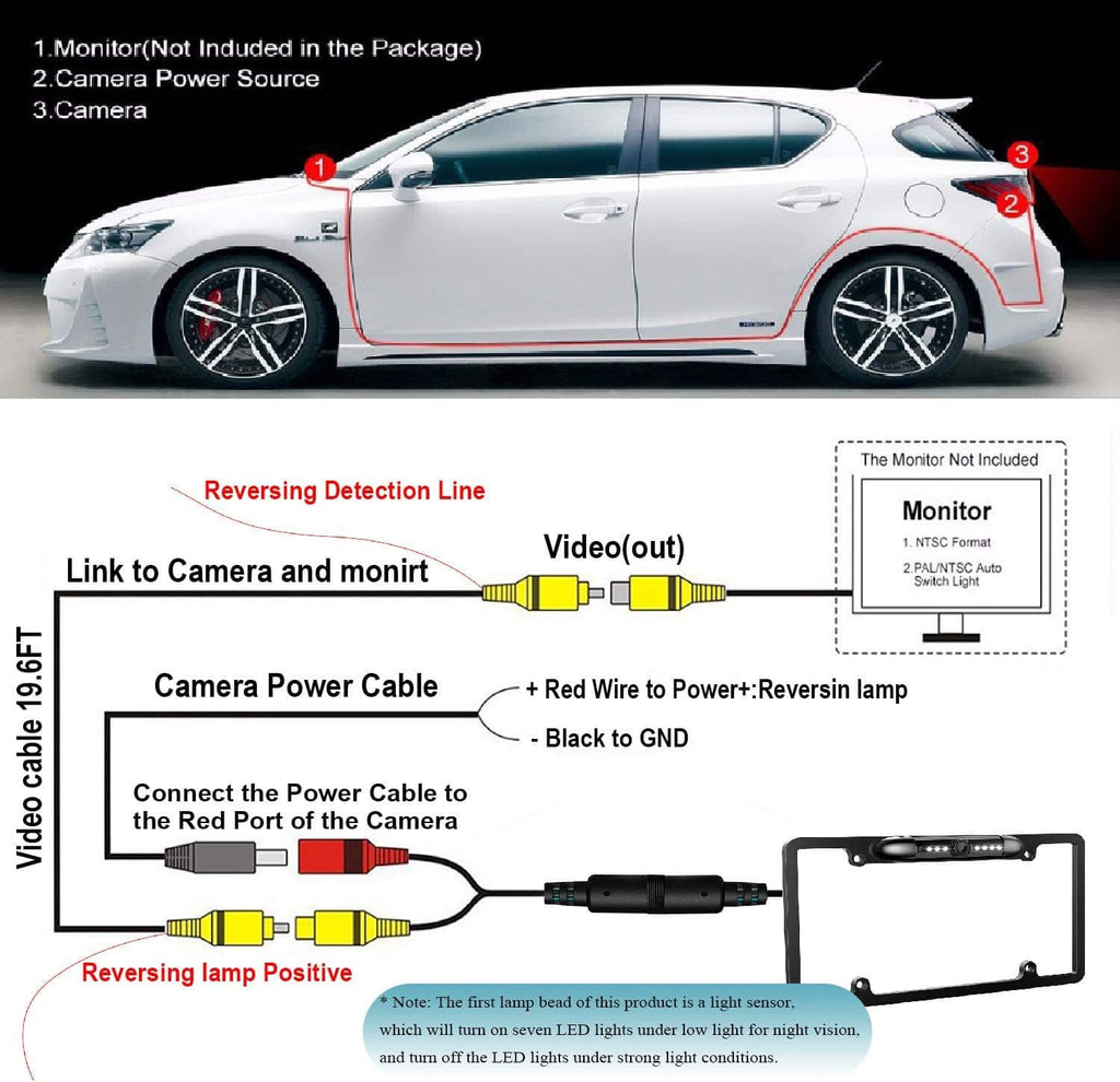 Wiring diagram for license plate backup camera with monitor and power connections