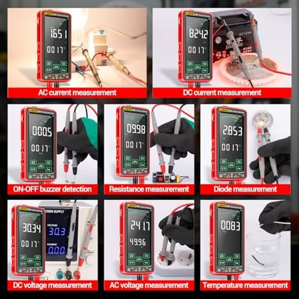 Red smart multimeter shown for multiple electrical measurements with probe leads
