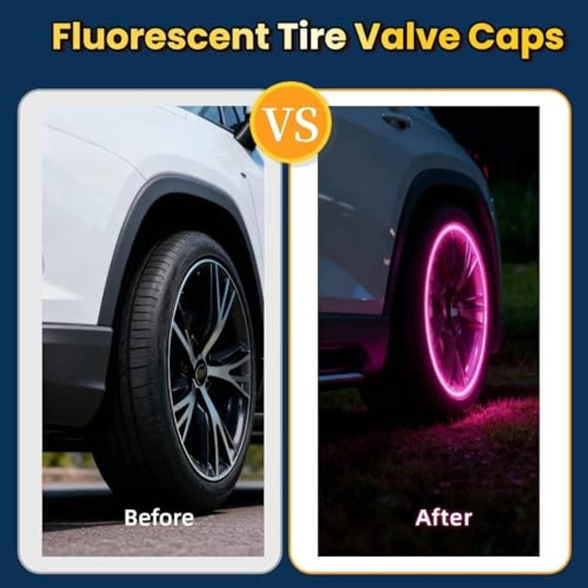 Fluorescent pink tire valve cap on a wheel, shown with bright glow effect
