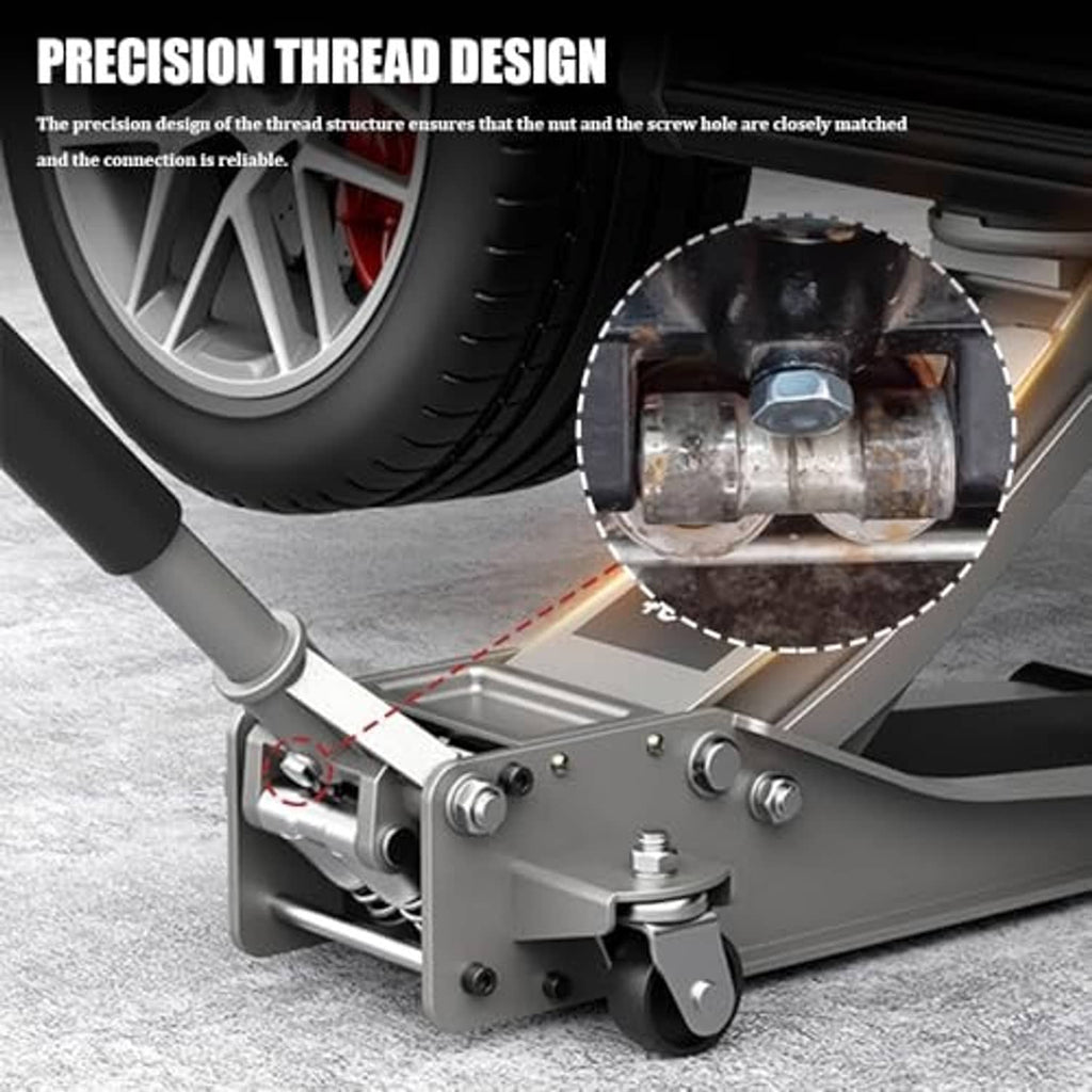 Car floor jack with silver hex-head threaded handle bolts and visible threaded connection