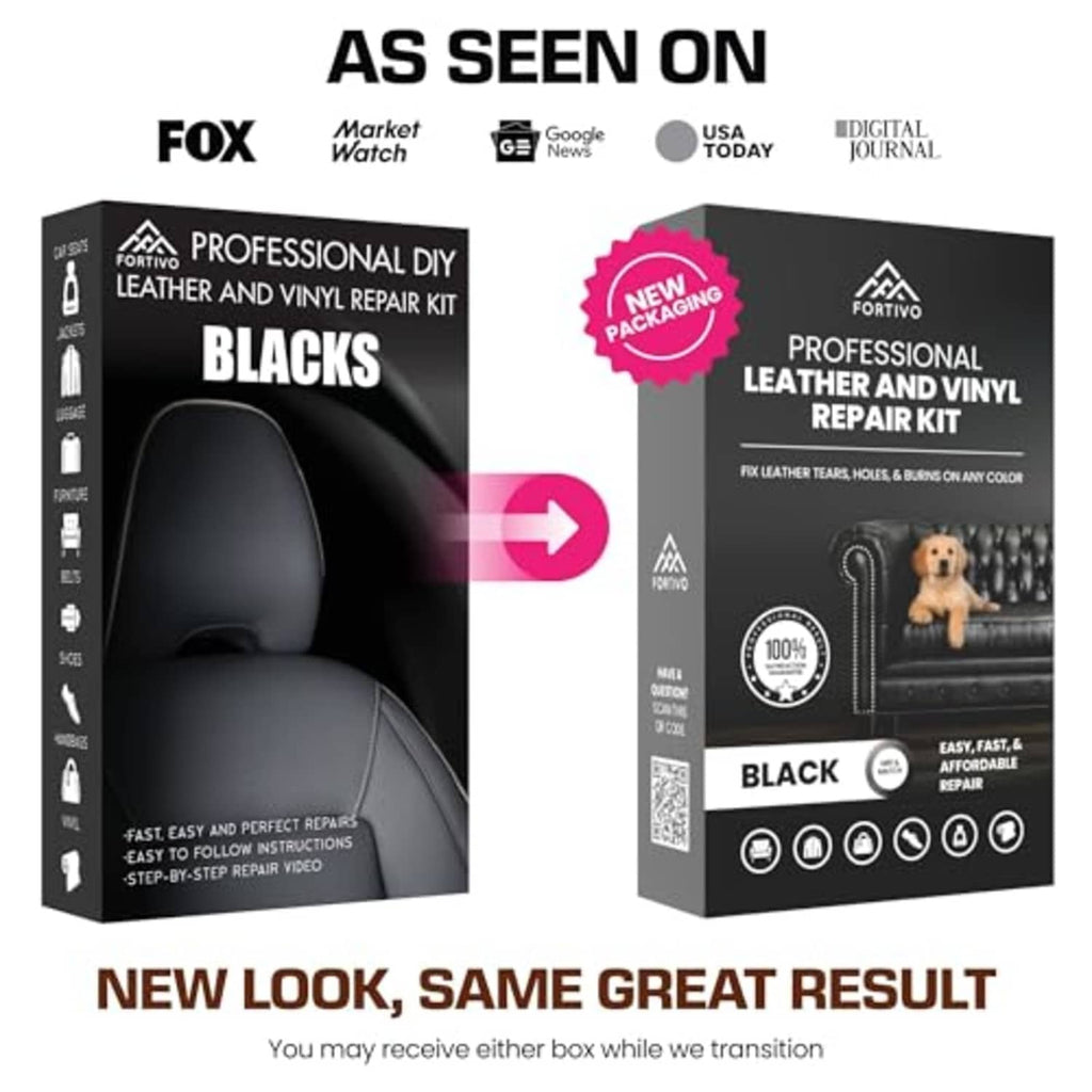 Leather and vinyl DIY repair kit box, black formula, new packaging with icons