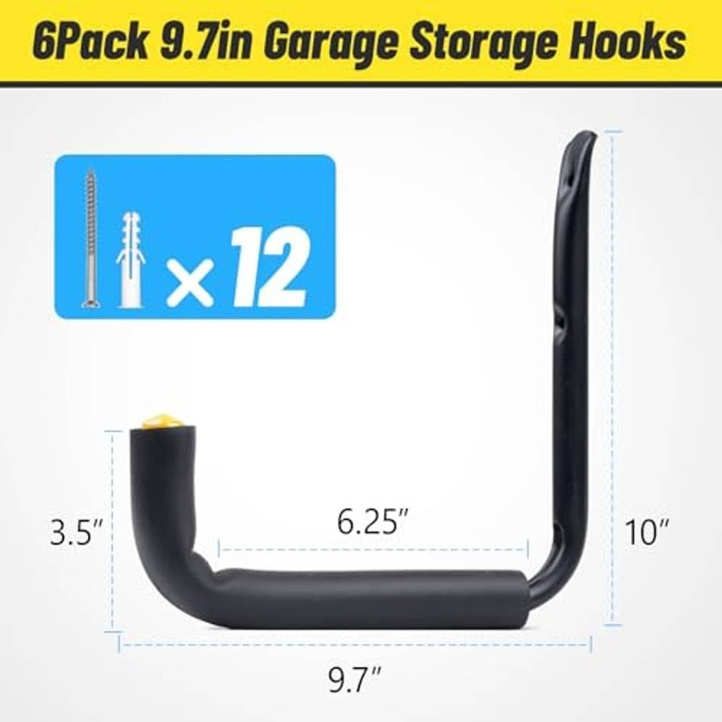 Black J-shaped garage storage hook with yellow-tipped ends and size diagram