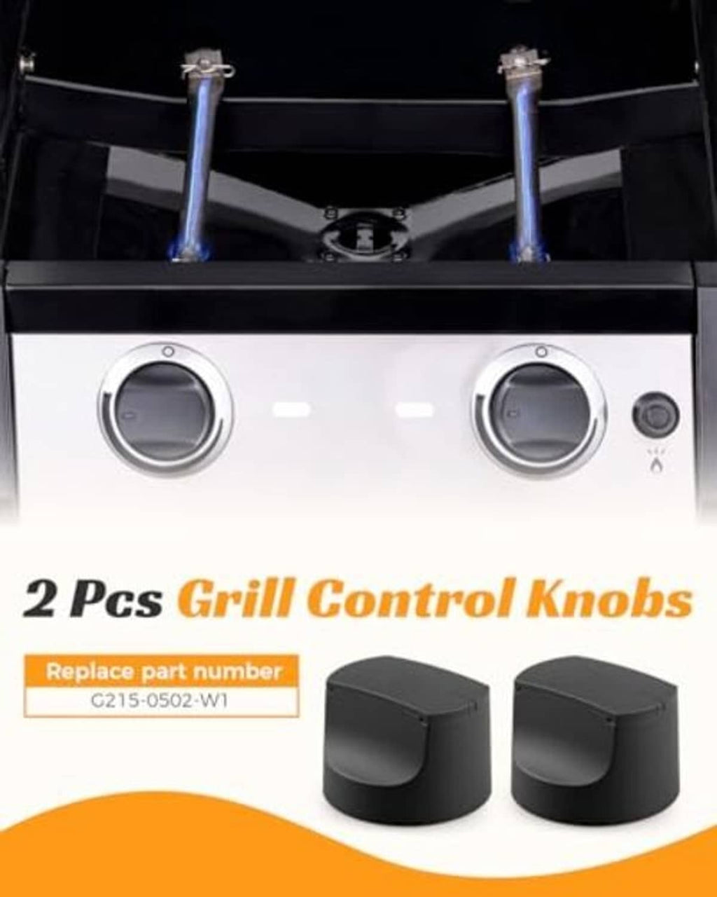 Two matte black grill control knobs on stainless steel front panel