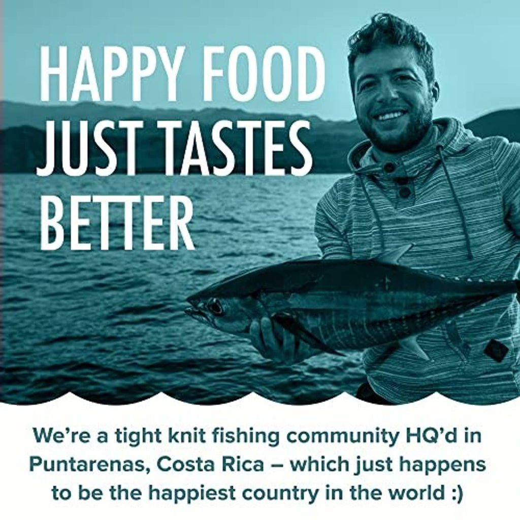Happy food just tastes better banner with fisherman and communication text