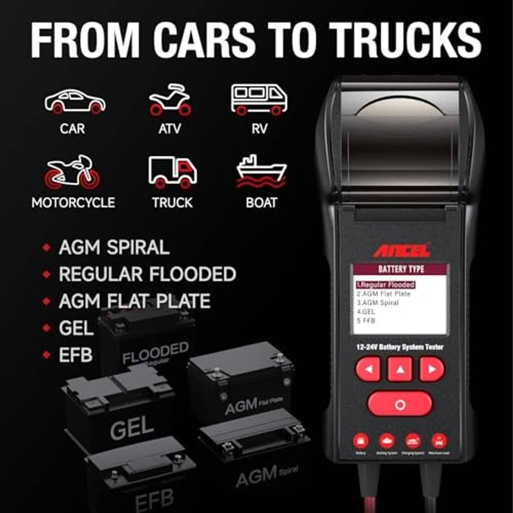 12V/24V battery tester with vehicle-type icons, battery type list, and buttons