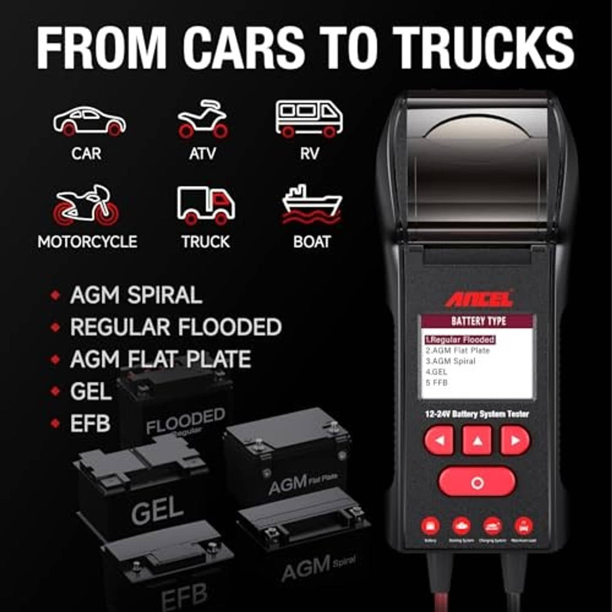 12V/24V battery tester with vehicle-type icons, battery type list, and buttons
