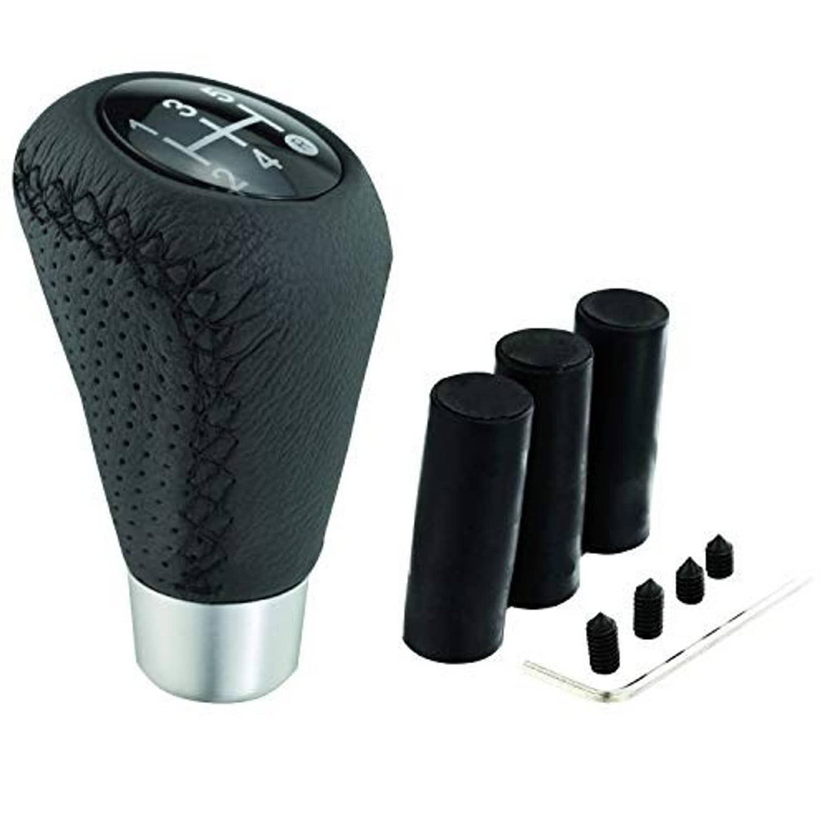 Black leather 5-speed shifter knob with silver base and included installation caps/adapters