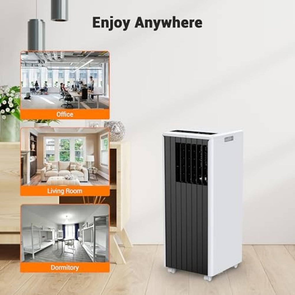 Portable air conditioner standing upright with white body and dark grille.