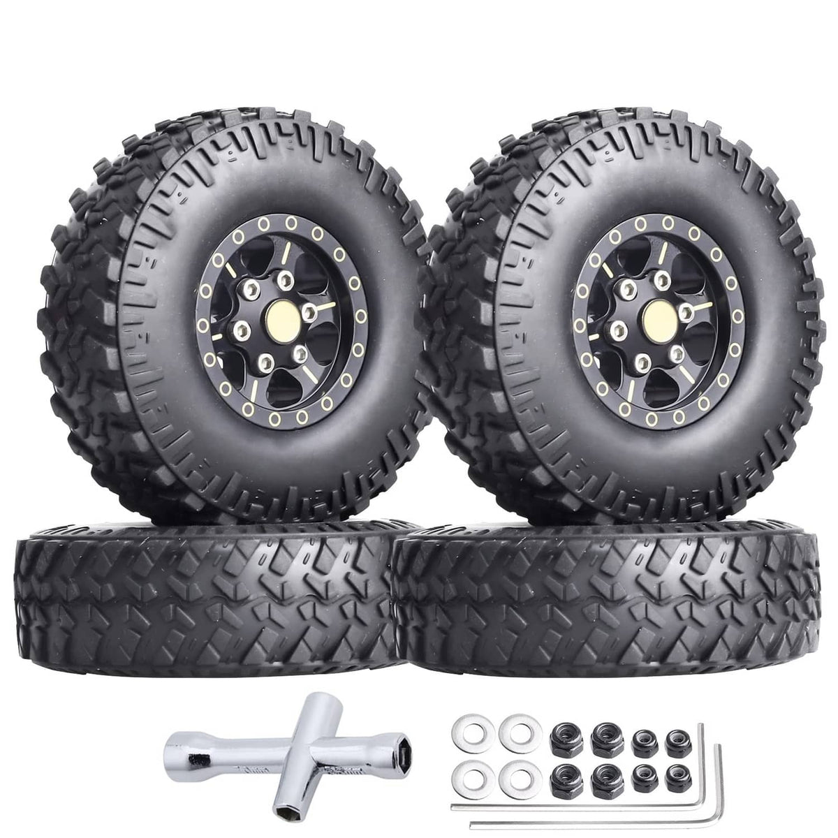 Pair of black beadlock wheels with chunky tread tires and brass-color center plates