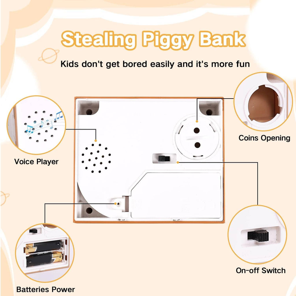 Stealing cat piggy bank interior diagram with coins opening, on-off switch, and speaker parts.
