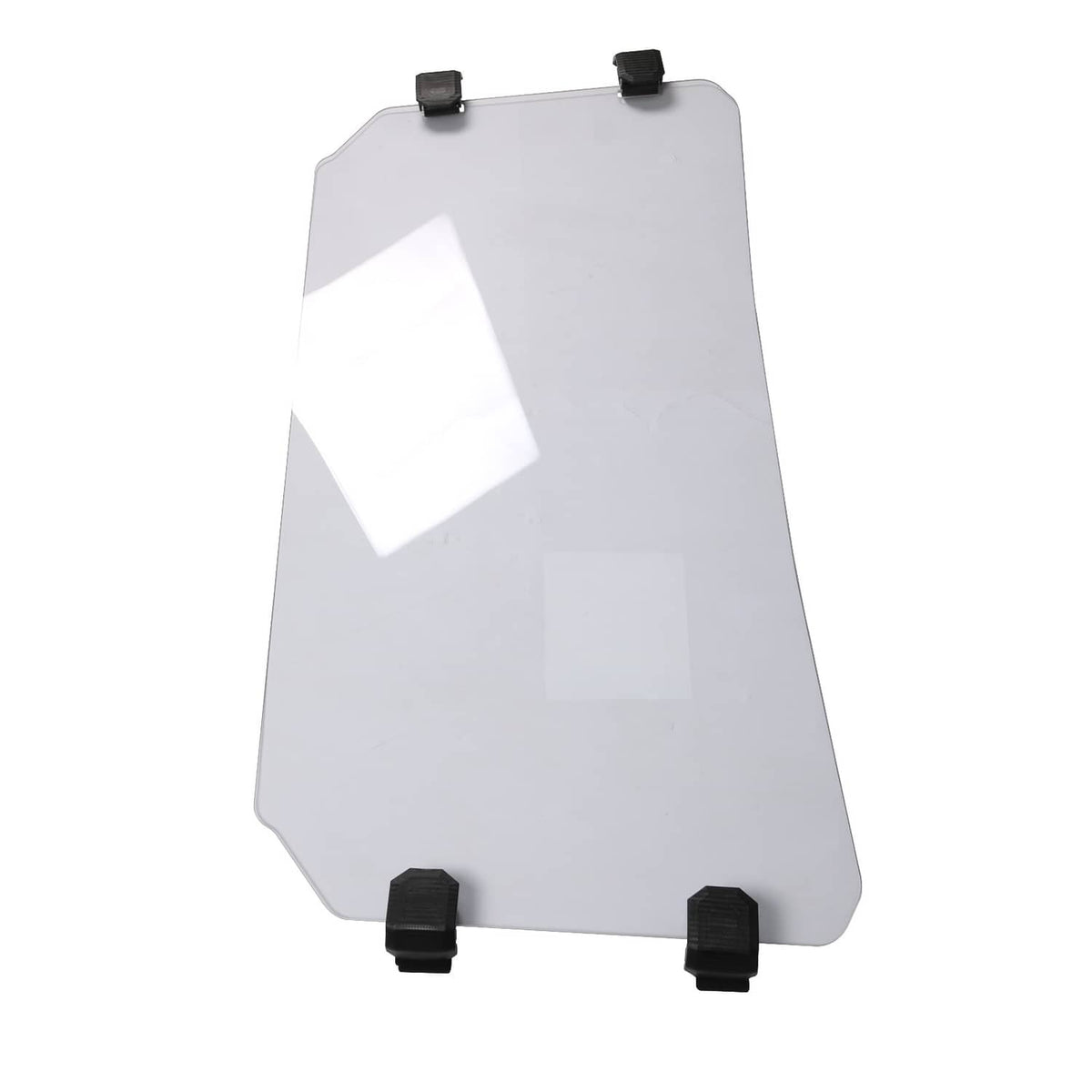 Clear front windshield panel with black corner mounting brackets