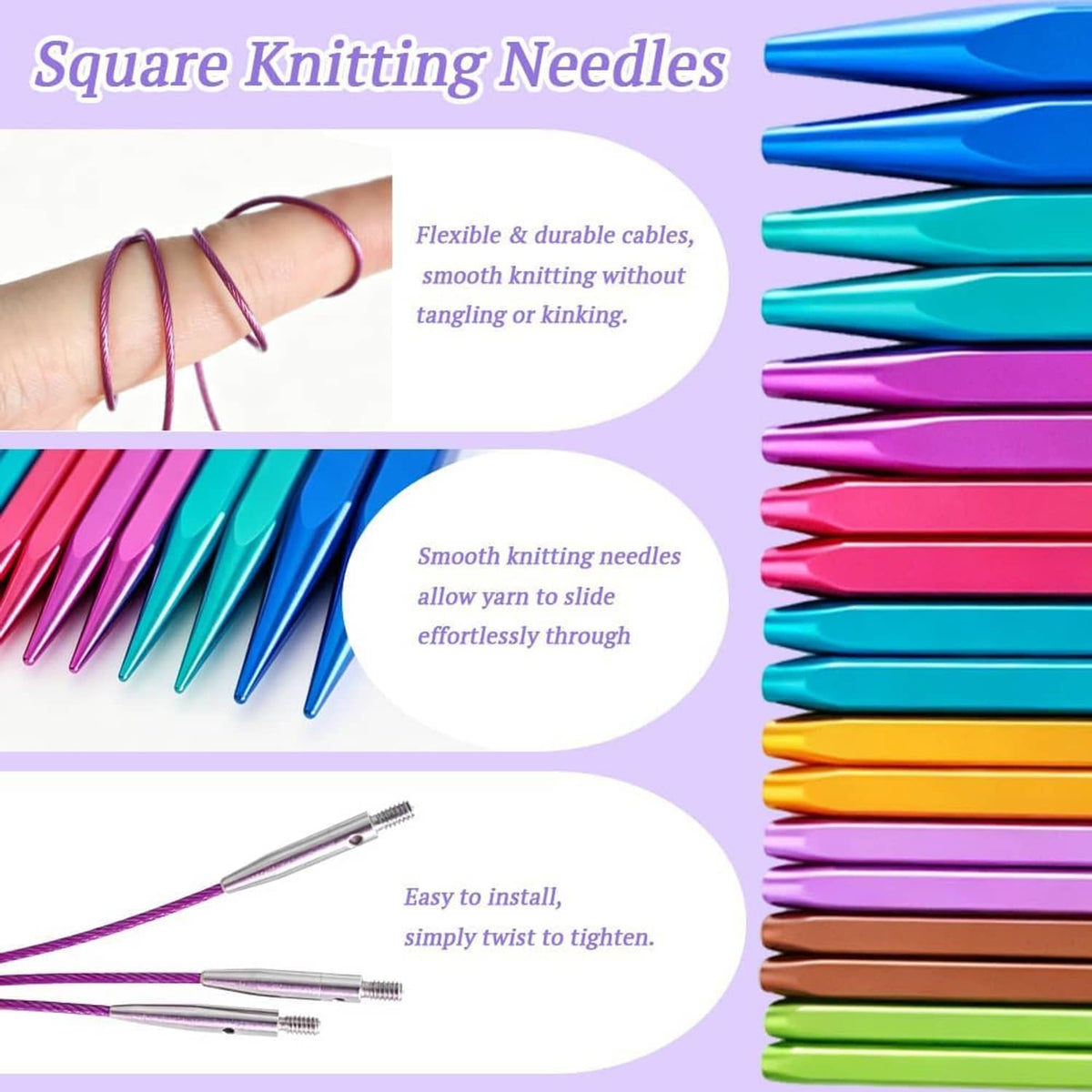 Square knitting needles set with colorful square tips on flexible cables