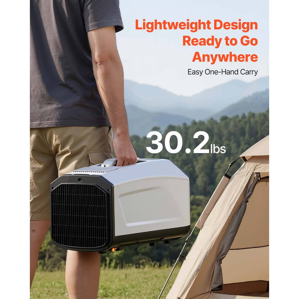Portable tent air conditioner unit in dark gray, compact and easy-carry design