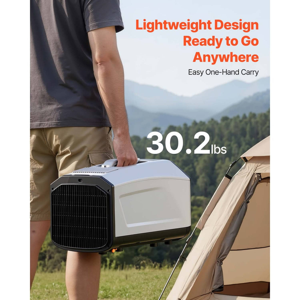 Portable tent air conditioner unit in dark gray, compact and easy-carry design