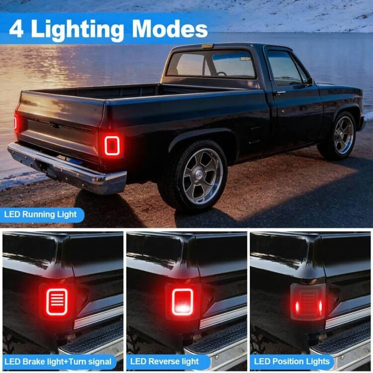 Smoked-lens LED tail lights displaying red running, brake/turn, reverse, and position