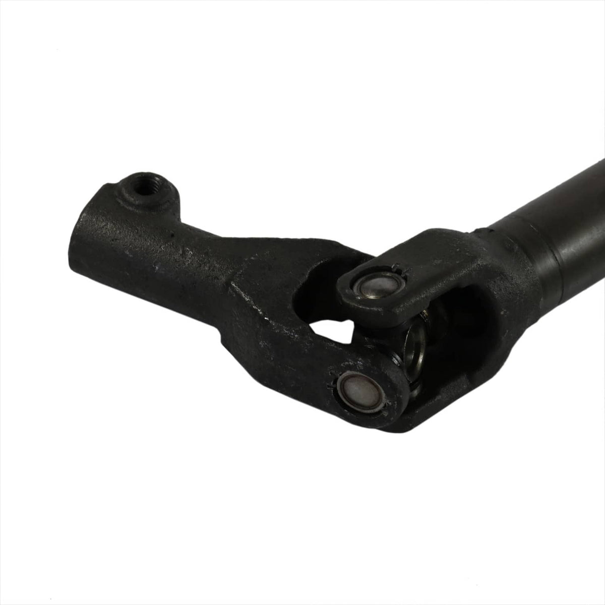 Steering intermediate shaft assembly close-up of fork yoke and bolt holes, black