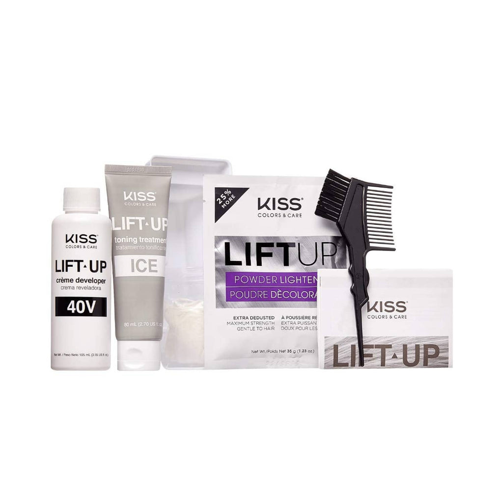 KISS Lift-Up Ice hair bleach kit set with bottles, powder, developer and brush