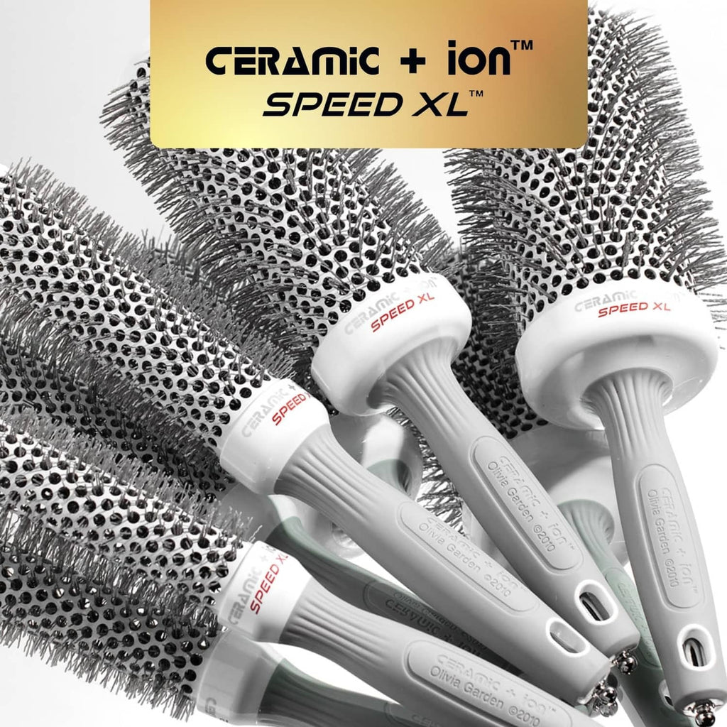 Ceramic+ion round hair brushes set with bristle barrels and white/grey handles.