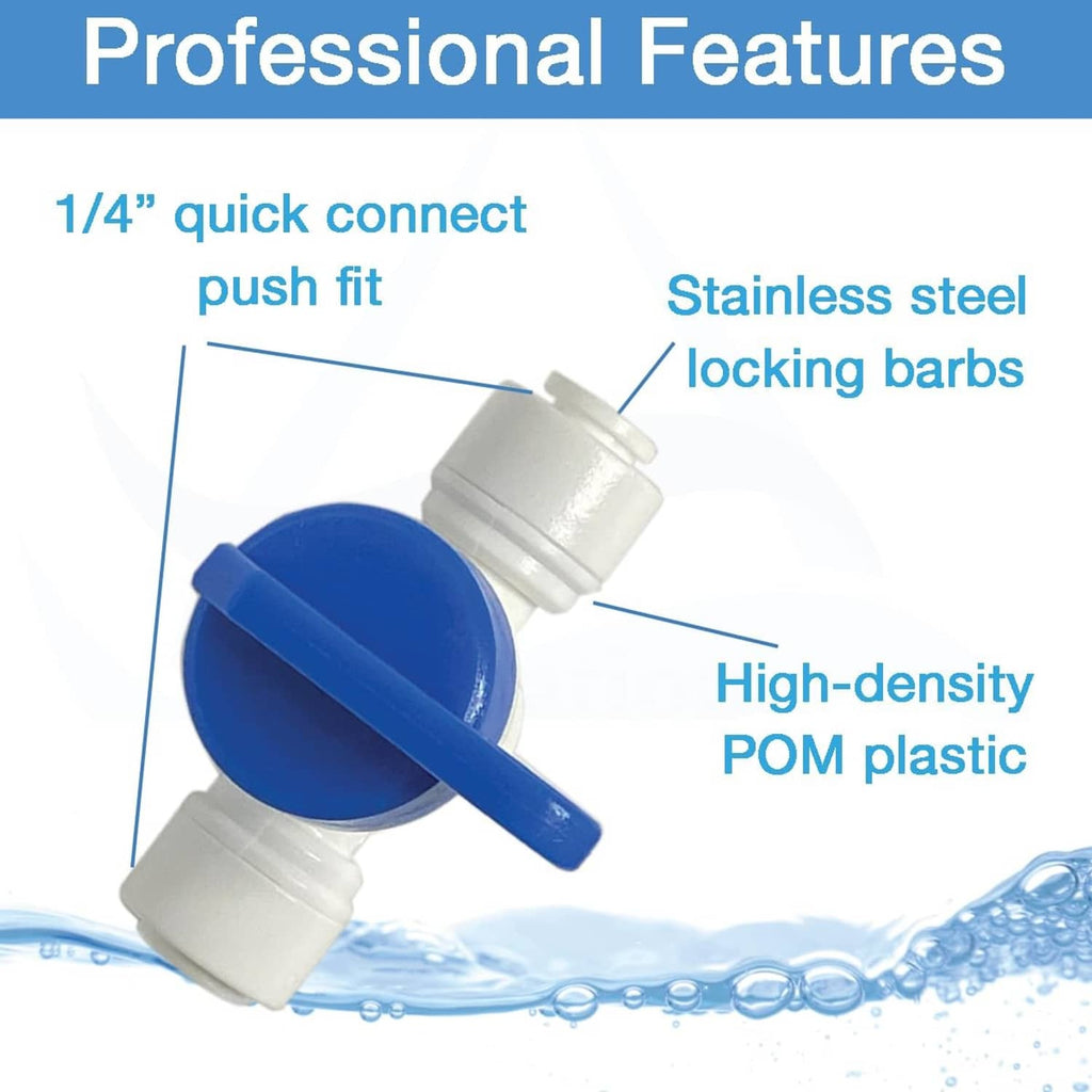 Blue and white push-fit shut off valve with quick-connect barbs